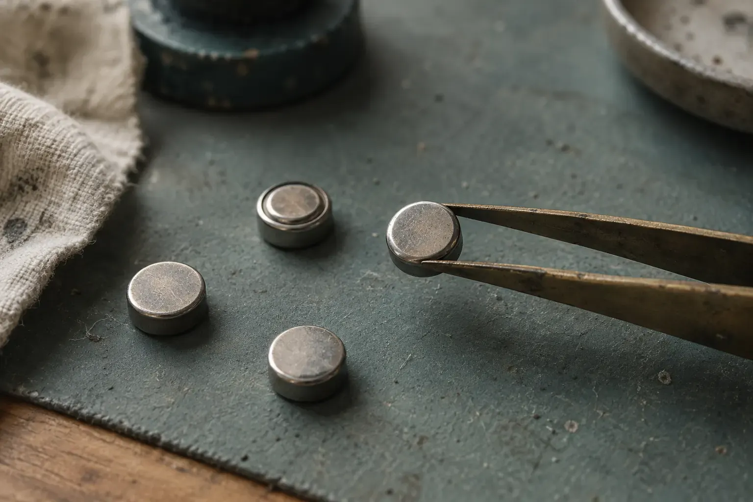 Unmarked silver coin cells on a grey-green work mat, one held in brass tweezers.