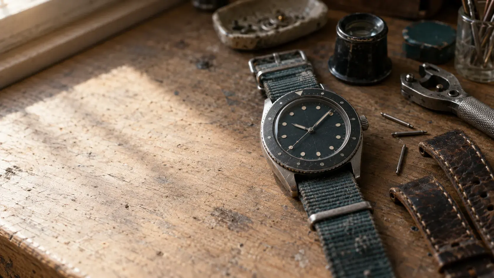 An anonymous steel dive-style watch on a grey fabric strap lying on a worn wooden workbench beside a loupe, a caseback opener, spring bars and a leather strap. Not a photo of a real watch.