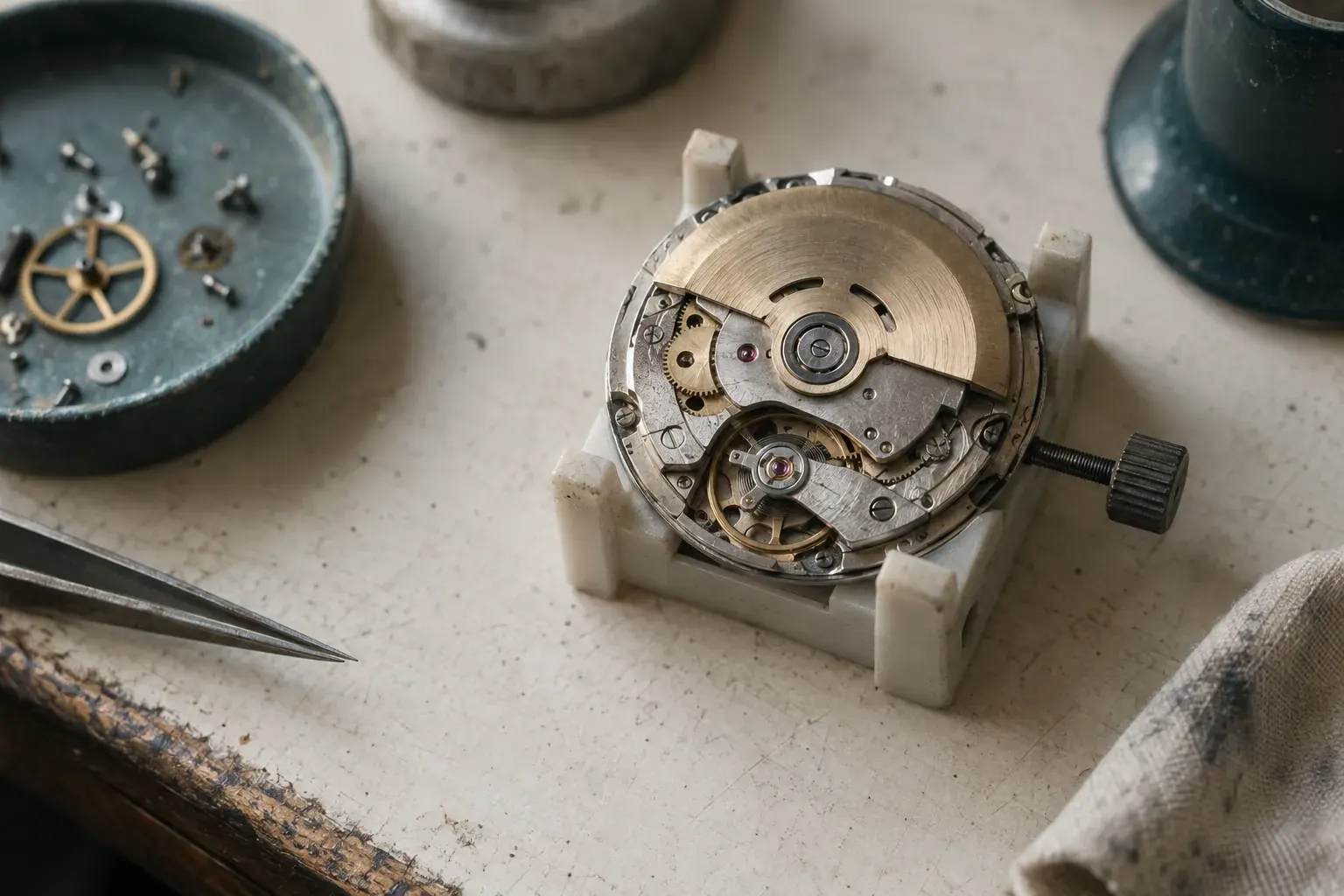 An open generic automatic watch movement with its rotor, held in a white movement holder on a bench. Not a specific calibre.